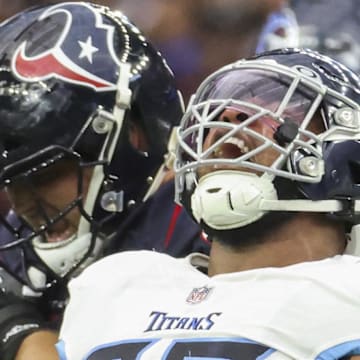 Tennessee Titans defensive tackle Jeffery Simmons reacts after getting a sack against the Houston Texans