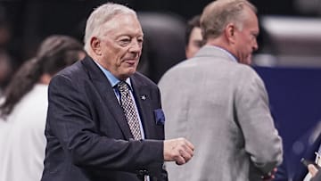 Dallas Cowboys team owner and general manager Jerry Jones shown on the field prior to the game against the Atlanta Falcons at Mercedes-Benz Stadium.