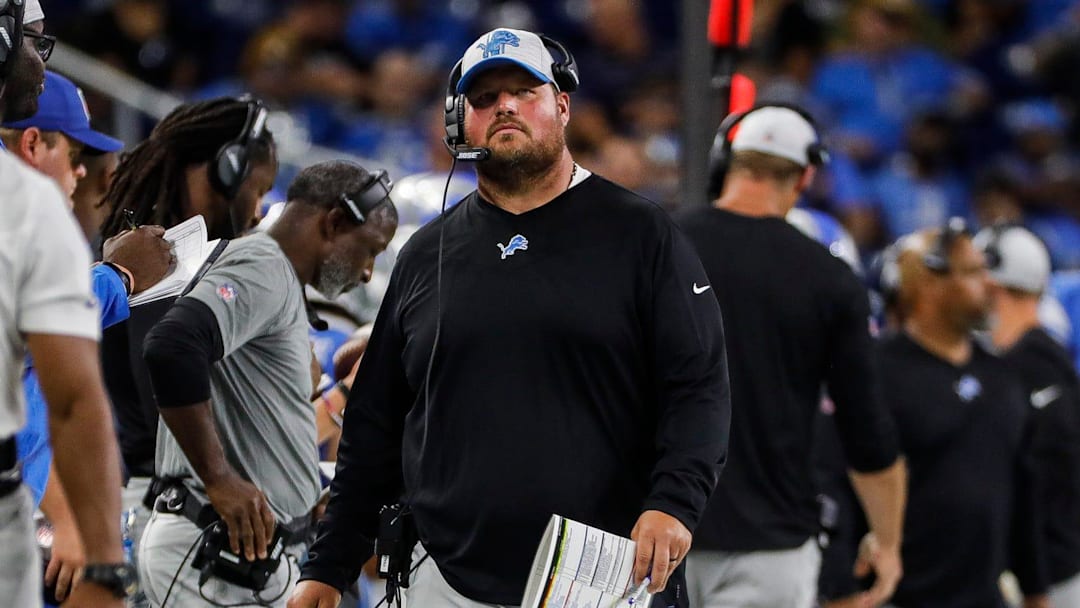 Detroit Lions offensive line coach Hank Fraley watches action from sideline against the Buffalo Bills during the first half of the preseason game at Ford Field in Detroit on Friday, Aug. 13, 2021.