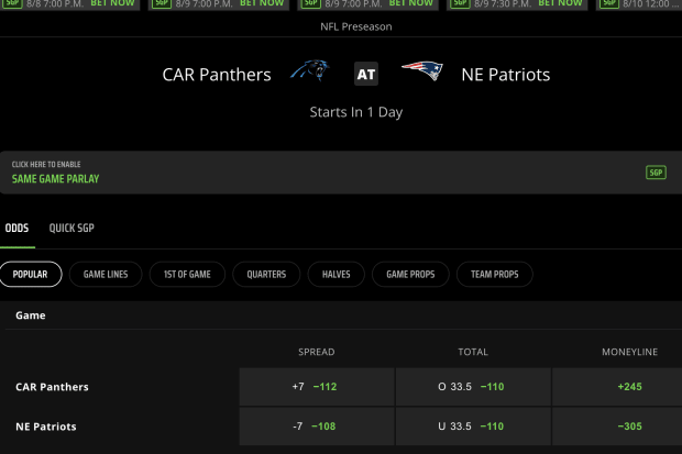 DraftKings Sportsbook's odds for Patriots v. Panthers.