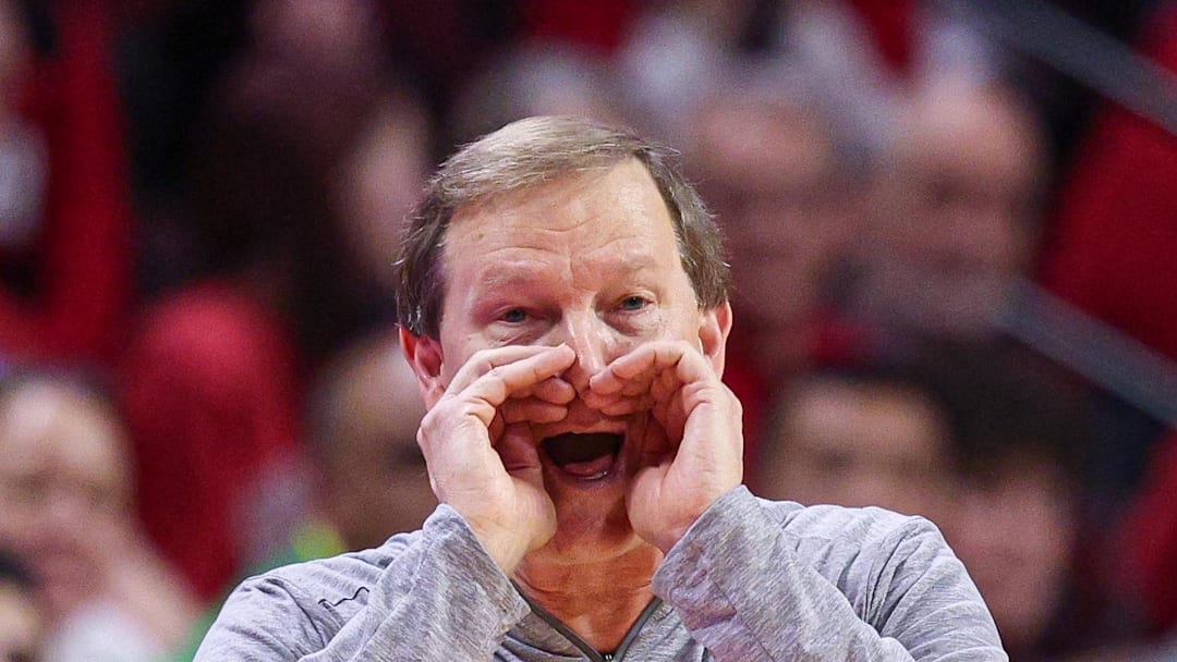 Jan 5, 2026; Piscataway, New Jersey, USA; Oregon Ducks head coach Dana Altman reacts during the second half against the Rutgers Scarlet Knights at Jersey Mike's Arena. Mandatory Credit: Vincent Carchietta-Imagn Images