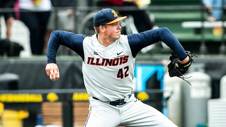 Illinois' Riley Gowens (42) delivers a pitch during a NCAA Big Ten Conference baseball game against Iowa, Sunday, May 16, 2021, at Duane Banks Field in Iowa City, Iowa.