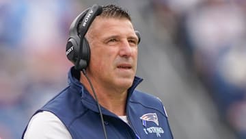 New England Patriots coach Mike Vrabel studies the field situation with the Tennessee Titans during the first quarter at Nissan Stadium in Nashville, Tenn., Sunday, Oct. 19, 2025.
