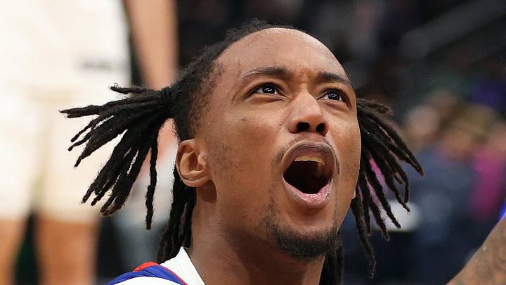 Detroit Pistons forward Ronald Holland II (5) argues a call during the second half against the Washington Wizards at Capital One Arena on Mar 17, 2026.
