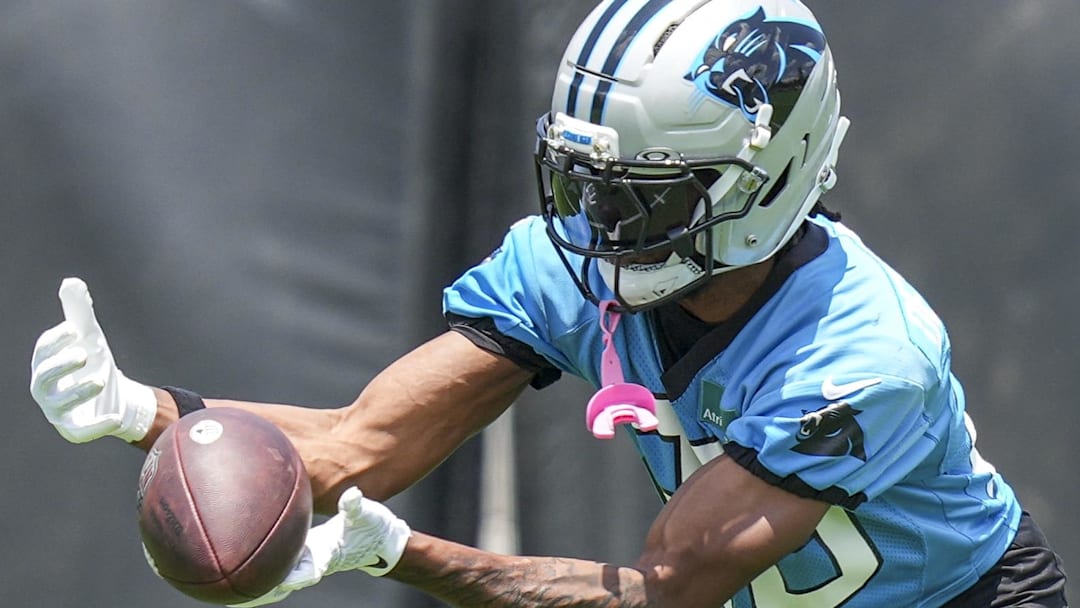 Cornerback M.J. Devonshire makes a catch at Carolina Panthers minicamp in 2025.