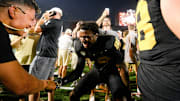 Nashville, Tennessee, USA; Vanderbilt Commodores wide receiver Tristen Brown (80) celebrates after an upset victory over the Alabama Crimson Tide at FirstBank Stadium. Mandatory Credit: Steve Roberts-Imagn Images