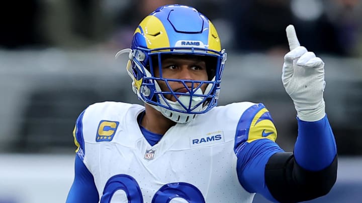 Former Los Angeles Rams defensive tackle Aaron Donald reacts to a play. Former Los Angeles Rams defensive tackle Aaron Donald reacts to a play.