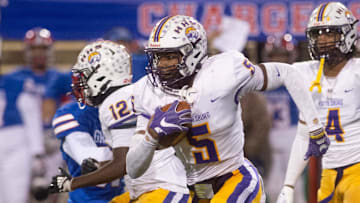 Hattiesburg's Tristen Keys (5) returns for the Tigers during play against Grenada in the MHSAA 6A championship game in Hattiesburg, Miss., Saturday, Dec. 7, 2024.