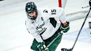 Michigan State's Charlie Stramel moves the puck against New Hampshire during the second period on Thursday, Oct. 9, 2025, at Munn Ice Arena in East Lansing.