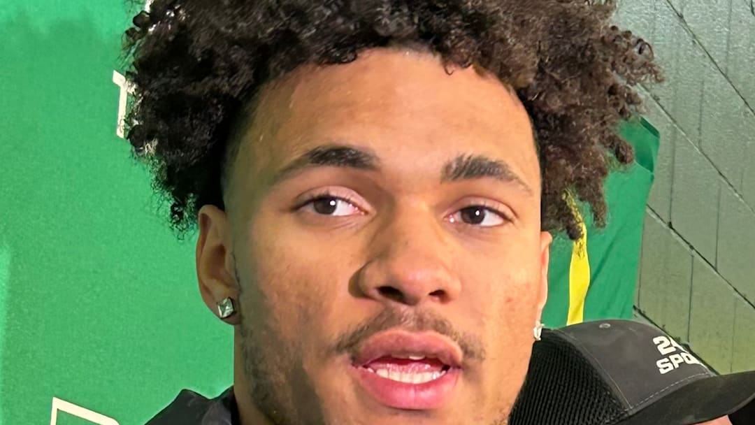 Tight end Kenyon Sadiq speaks to the media in Eugene at Oregon's Pro Day.