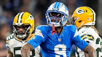 Detroit Lions wide receiver Jameson Williams (9) celebrates a first down against Green Bay Packers during the first half at Ford Field in Detroit on Thursday, Dec. 5, 2024.