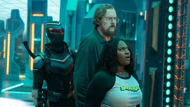 Freddie Stroma, Steve Agee, and Danielle Brooks in Peacemaker season 2. 