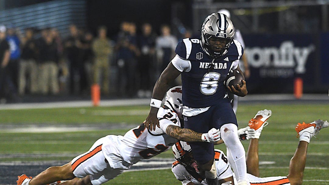 Nevada’s Savion Red runs free while taking on Oregon St. at Mackay Stadium in Reno on Oct. 12, 2024.