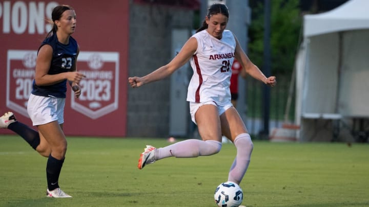 Forward Ava Tankersley in season opener against John Brown. The Razorbacks won 7-1. 