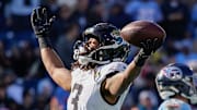Jacksonville Jaguars wide receiver Jakobi Meyers (3) celebrates his touchdown during the first quarter against the Tennessee Titans at Nissan Stadium in Nashville, Tenn., Sunday, Nov. 30, 2025.