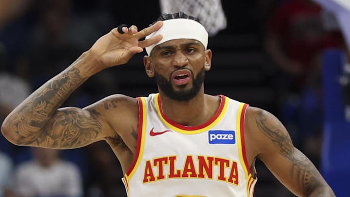 Hawks guard Nickeil Alexander-Walker (7) reacts after a basket against the Magic in the first quarter at Kia Center on April 2, 2026.