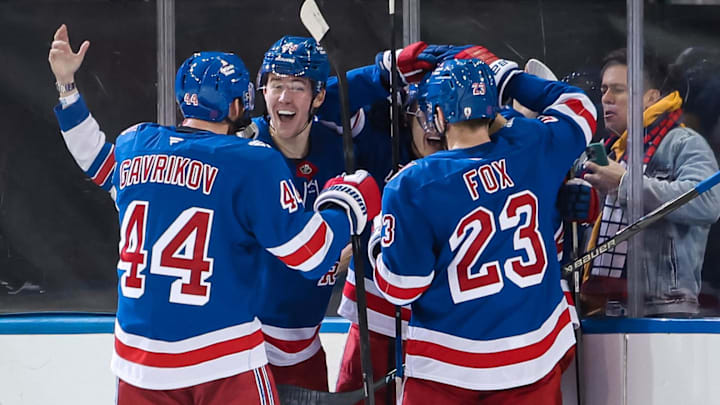 Apr 5, 2026; New York, New York, USA; New York Rangers left wing Adam Sykora (38) celebrates his goal during the second period against the Washington Capitals at Madison Square Garden. Apr 5, 2026; New York, New York, USA; New York Rangers left wing Adam Sykora (38) celebrates his goal during the second period against the Washington Capitals at Madison Square Garden.