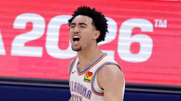 May 26, 2026; Oklahoma City, Oklahoma, USA; Oklahoma City Thunder guard Jared McCain (3) reacts after a basket during the fourth quarter against the San Antonio Spurs in game five of the western conference finals for the 2026 NBA playoffs at Paycom Center. Mandatory Credit: Alonzo Adams-Imagn Images