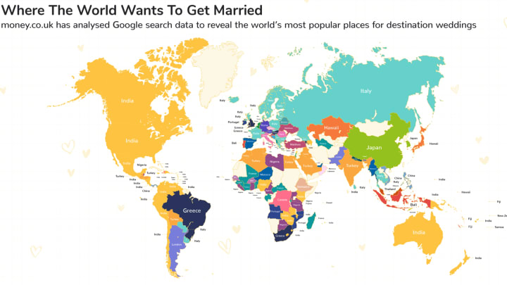 Map of the world's most popular destination wedding locations.