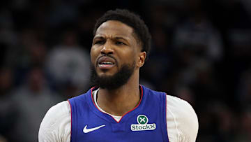 Mar 30, 2025; Minneapolis, Minnesota, USA; Detroit Pistons guard Malik Beasley (5) reacts during the second quarter against the Minnesota Timberwolves at Target Center. Mandatory Credit: Matt Krohn-Imagn Images