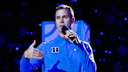 Oct 3, 2025; Durham, NC, USA; Duke Blue Devils head coach Jon Scheyer addresses the crowd at the Countdown to Craziness at the Cameron Indoor Stadium. Mandatory Credit: Jaylynn Nash-Imagn Images