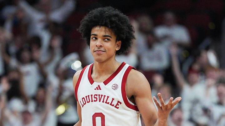 Louisville Cardinals guard Mikel Brown Jr. (0) was unfazed after he scored 45 points with 10-for-16 3-point shooting as the Cards roll past NC State 118-77 at the KFC Yum! Center in downtown Louisville February 9, 2026.