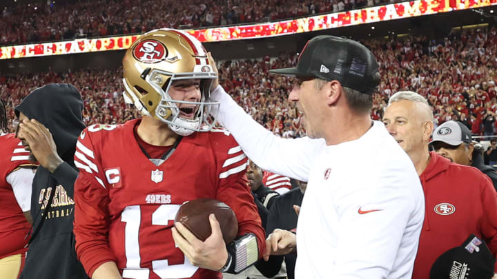 San Francisco 49ers quarterback Brock Purdy (L) and head coach Kyle Shanahan (R)