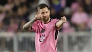 Oct 19, 2024; Fort Lauderdale, Florida, USA;  Inter Miami CF forward Lionel Messi (10) celebrates scoring during the second half against the New England Revolution at Chase Stadium. Mandatory Credit: Sam Navarro-Imagn Images