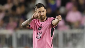 Oct 19, 2024; Fort Lauderdale, Florida, USA;  Inter Miami CF forward Lionel Messi (10) celebrates scoring during the second half against the New England Revolution at Chase Stadium. Mandatory Credit: Sam Navarro-Imagn Images