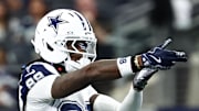 Oct 19, 2025; Arlington, Texas, USA; Dallas Cowboys wide receiver Ceedee Lamb (88) celebrates after a play against the Washington Commanders during the first quarter of the game at AT&T Stadium. Mandatory Credit: Kevin Jairaj-Imagn Images