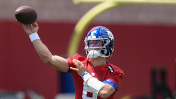 May 10, 2025; East Rutherford, NJ, USA; New York Giants quarterback Jaxson Dart (6) throws a pass during rookie minicamp at Quest Diagnostics Training Center. Mandatory Credit: John Jones-Imagn Images