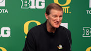 Oregon basketball coach Dana Altman reacts to the Ducks bracket in the NCAA Basketball Tournament placing during a watch party at Matthew Knight Arena Sunday, March 16, 2025.