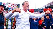 Oct 25, 2025; Norman, Oklahoma, USA;  Ole Miss Rebels head coach Lane Kiffin celebrates with fans after the game against the Oklahoma Sooners at Gaylord Family-Oklahoma Memorial Stadium. Mandatory Credit: Kevin Jairaj-Imagn Images