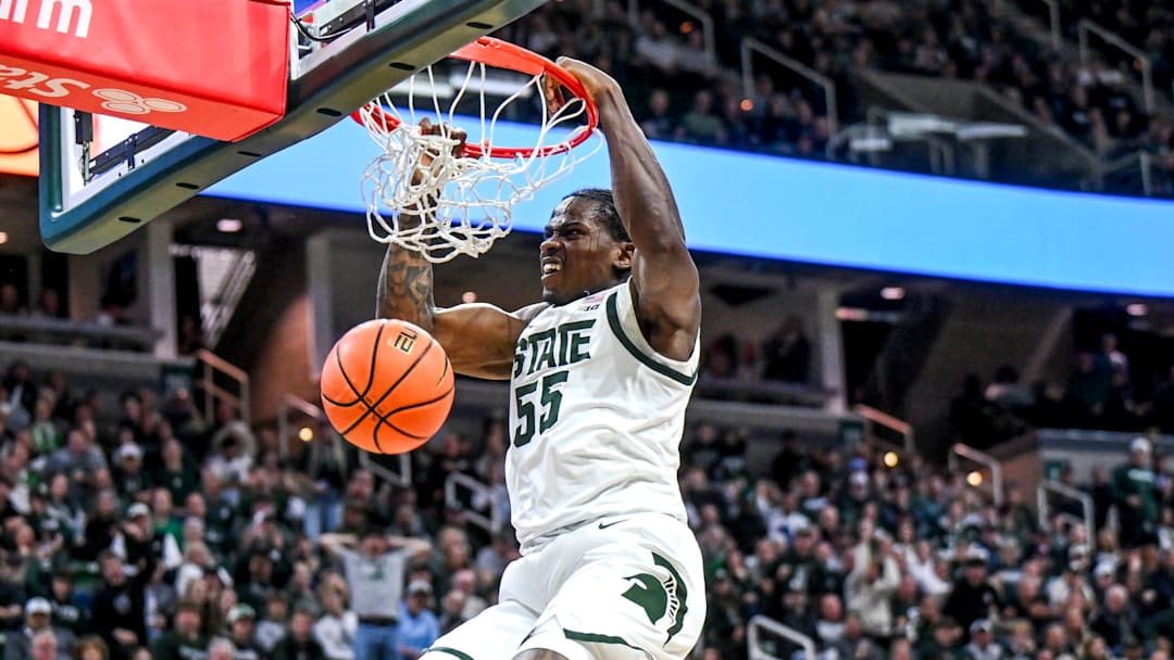 Michigan State's Coen Carr dunks against Colgate during the second half on Monday, Nov. 3, 2025, at the Breslin Center in East Lansing.