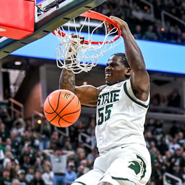 Michigan State's Coen Carr dunks against Colgate during the second half on Monday, Nov. 3, 2025, at the Breslin Center in East Lansing.