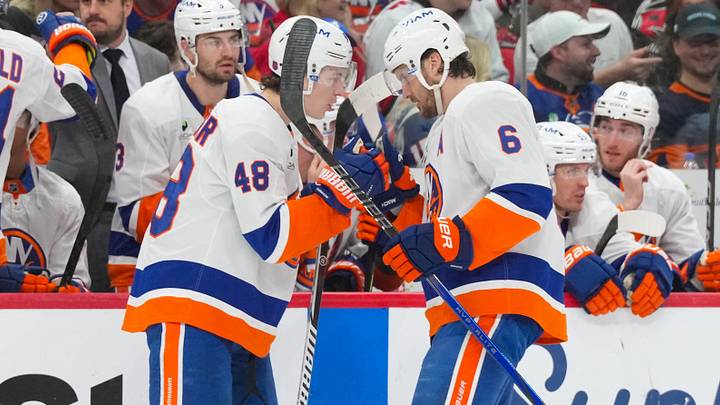 Apr 4, 2026; Raleigh, North Carolina, USA; New York Islanders defenseman Matthew Schaefer (48) and defenseman Ryan Pulock (6) get ready for the start of the game against the Carolina Hurricanes at Lenovo Center. Mandatory Credit: James Guillory-Imagn Images Apr 4, 2026; Raleigh, North Carolina, USA; New York Islanders defenseman Matthew Schaefer (48) and defenseman Ryan Pulock (6) get ready for the start of the game against the Carolina Hurricanes at Lenovo Center. Mandatory Credit: James Guillory-Imagn Images