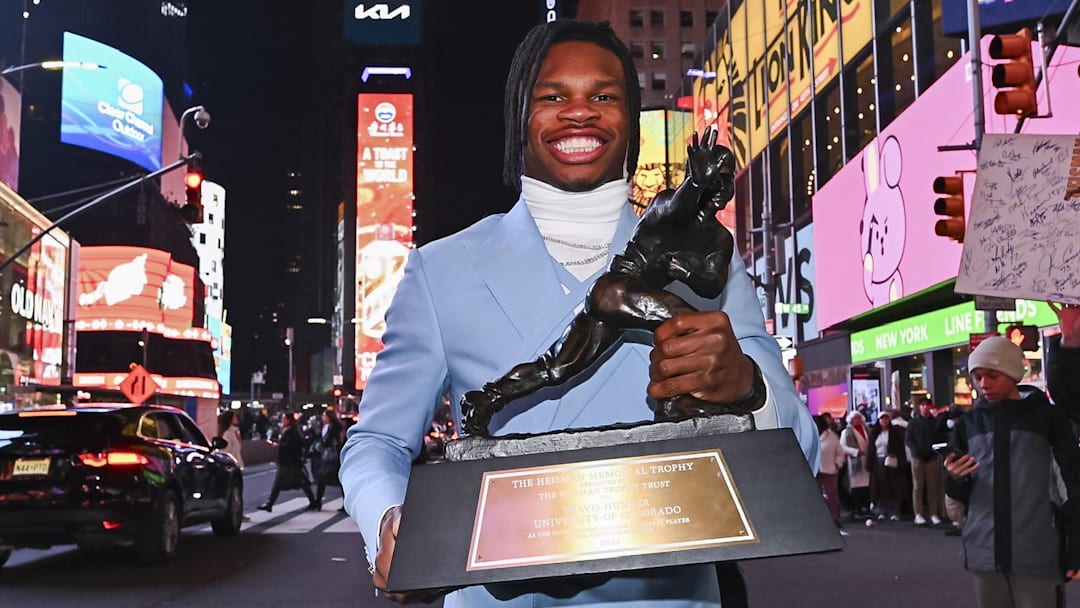 Dec 14, 2024; New York, NY, USA; Colorado Buffaloes wide receiver/cornerback Travis Hunter after winning the 2024 Heisman Trophy. Mandatory Credit: Todd Van Emst/Heisman Trust via Imagn Images