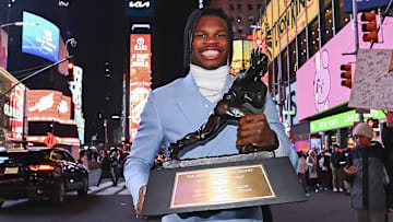 Dec 14, 2024; New York, NY, USA; Colorado Buffaloes wide receiver/cornerback Travis Hunter after winning the 2024 Heisman Trophy. Mandatory Credit: Todd Van Emst/Heisman Trust via Imagn Images