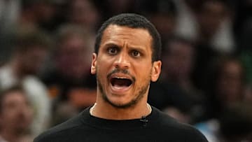 Mar 26, 2025; Phoenix, Arizona, USA; Boston Celtics head coach Joe Mazzulla reacts against the Phoenix Suns during the second half at Footprint Center. Mandatory Credit: Rick Scuteri-Imagn Images
