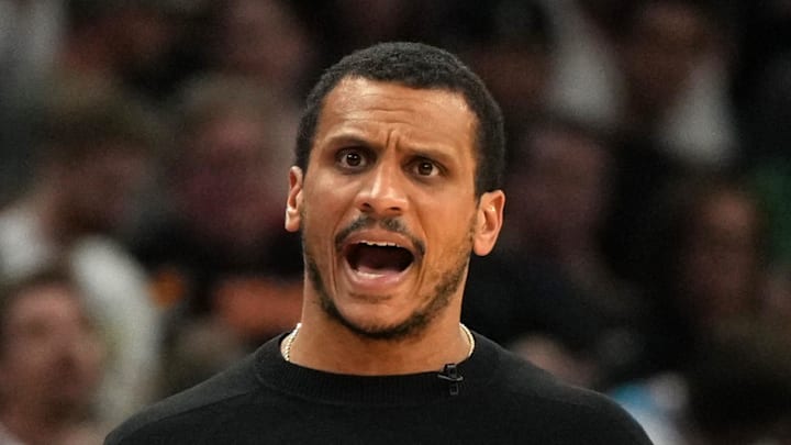 Mar 26, 2025; Phoenix, Arizona, USA; Boston Celtics head coach Joe Mazzulla reacts against the Phoenix Suns during the second half at Footprint Center. Mandatory Credit: Rick Scuteri-Imagn Images