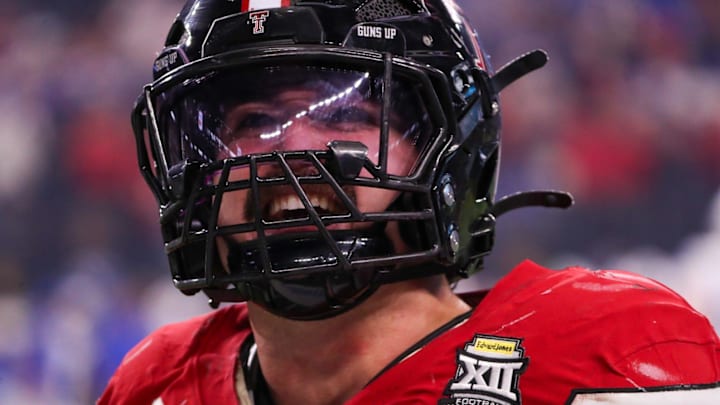Texas Tech's Jacob Rodriguez celebrates a BYU turnover during the Big 12 Conference championship football game, Saturday, Nov. 6, 2025, at AT&T Stadium in Arlington.