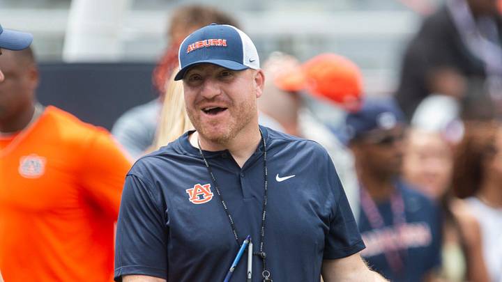 Auburn Tigers defensive coordinator D.J. Durkin and head coach Alex Golesh talk during warm ups before Auburn Tigers A-Day spring game at Jordan-Hare Stadium in Auburn, Ala. on Saturday, April 18, 2026.