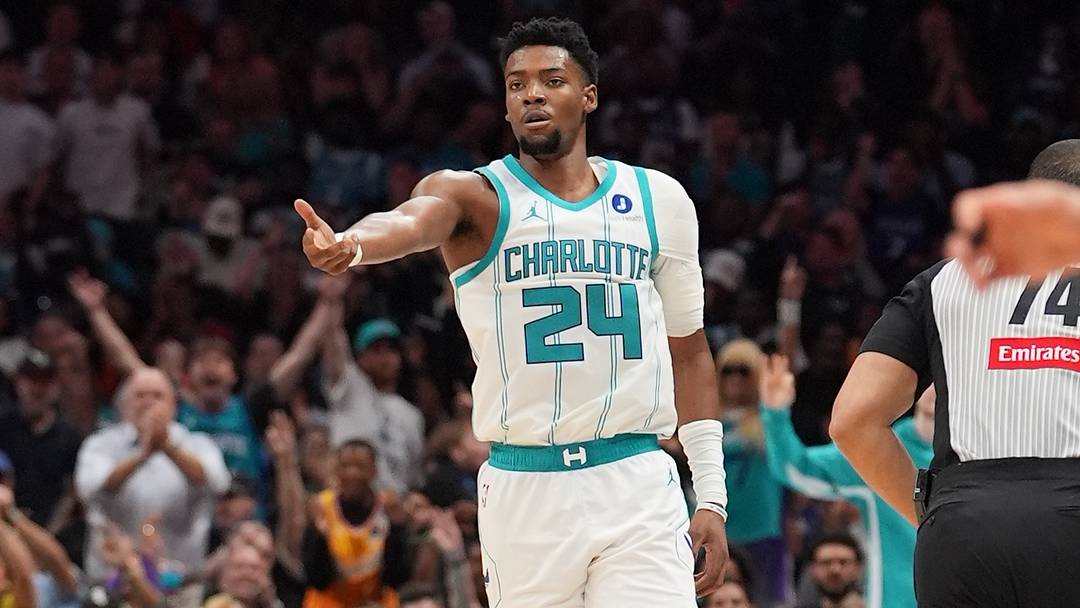 Apr 14, 2026; Charlotte, North Carolina, USA; Charlotte Hornets forward Brandon Miller (24) reacts to his thee-point basket during the second half during the play-in rounds between the Charlotte Hornets and the Miami Heat of the 2026 NBA Playoffs at Spectrum Center. Mandatory Credit: Jim Dedmon-Imagn Images