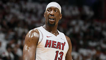 Apr 29, 2024; Miami, Florida, USA; Miami Heat center Bam Adebayo (13) looks for a foul call during the first quarter against the Boston Celtics in game four of the first round for the 2024 NBA playoffs at Kaseya Center. Mandatory Credit: Michael Laughlin-Imagn Images