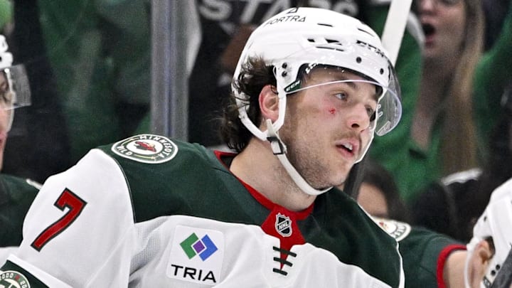 Apr 20, 2026; Dallas, Texas, USA; Minnesota Wild defenseman Brock Faber (7) skates off the ice after scoring a goal against the Dallas Stars during the first period in game two of the first round of the 2026 Stanley Cup Playoffs at American Airlines Center. Mandatory Credit: Jerome Miron-Imagn Images