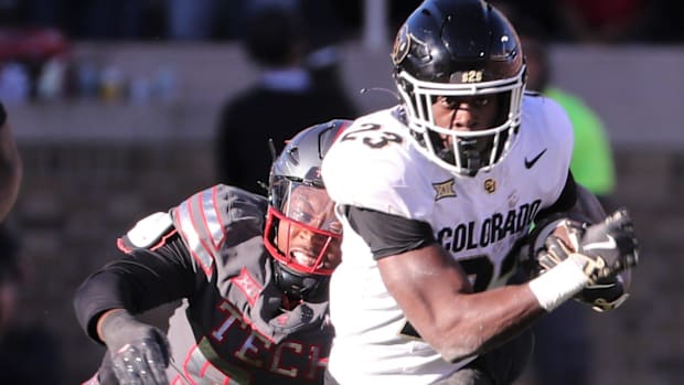 Colorado's Isaiah Augustave runs after a catch against Texas Tech in a Big 12 football game Saturday, Nov. 9, 2024, at Jones