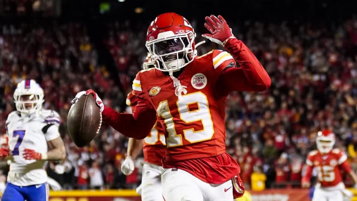 Dec 10, 2023; Kansas City, Missouri, USA; Kansas City Chiefs wide receiver Kadarius Toney (19) scores a touchdown during the second half against the Buffalo Bills at GEHA Field at Arrowhead Stadium. The play would be called back due to an offensive penalty. 