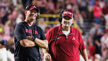 Nov 9, 2024; Baton Rouge, Louisiana, USA;  Alabama Crimson Tide head coach Kalen DeBoer reacts to a touchdown scored against the LSU Tigers during the second half at Tiger Stadium. Mandatory Credit: Stephen Lew-Imagn Images