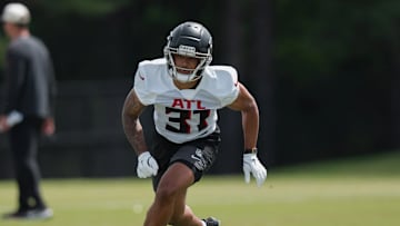 Atlanta Falcons safety Xavier Watts participates in drills May 9, 2025, during the team's rookie minicamp in Flowery Branch.