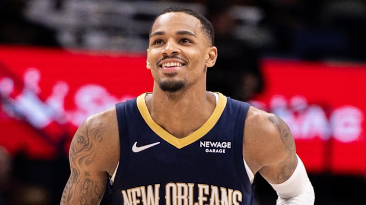 Mar 18, 2026; New Orleans, Louisiana, USA;  New Orleans Pelicans guard Dejounte Murray (5) looks on against the LA Clippers during second half at Smoothie King Center. Mandatory Credit: Stephen Lew-Imagn Images